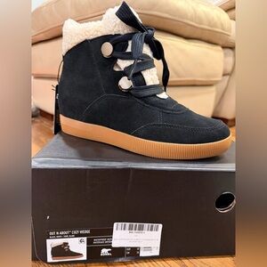 Sorel Black and Tan Cozy Wedge Boots